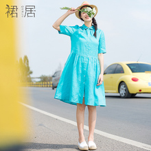裙居娃娃领小个子衬衫连衣裙女夏2018新款文艺宽松亚麻半袖中裙子图片