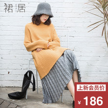 裙居格子半身裙秋女2018新款中长款文艺宽松打底裙百褶长裙子女图片