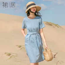 裙居蓝色宽松小个子亚麻连衣裙女夏装2018新款短袖圆领文艺中裙子图片