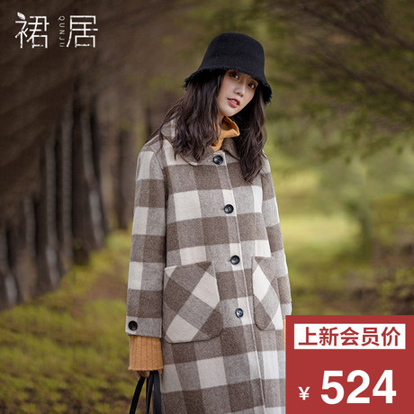 裙居格子羊毛双面呢子大衣女风衣秋冬季新款2018毛呢外套女中长款商品大图