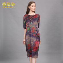 香薇姿2018夏中老年真丝香云纱连衣裙妈妈装印花大码桑蚕丝长裙子图片