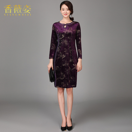 香薇姿秋季新款长袖连衣裙修身显瘦中老年韩版大码女装妈妈装裙子商品大图