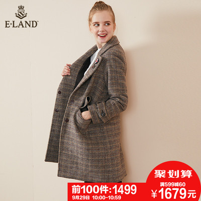 限时1499|ELAND2018秋冬新款英伦格纹胸针保暖毛呢大衣外套女