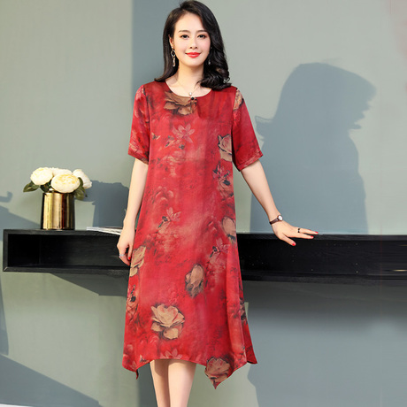 忆仟亿2018夏季新款香云纱真丝连衣裙中长款桑蚕丝中老年妈妈装商品大图