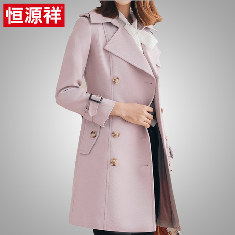 恒源祥2018春秋季新款女士中长款风衣修身显瘦纯色Polo领大气外套商品大图