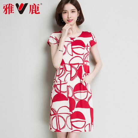 yaloo/雅鹿妈妈装真丝连衣裙夏季短袖中老年女装宽松中裙子加大码商品大图