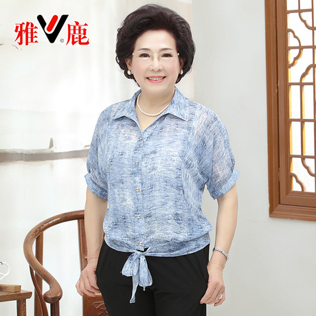 yaloo/雅鹿中老年女装妈妈五分袖休闲衬衫宽松大码短袖上衣打底衫商品大图