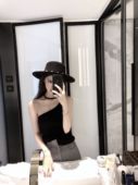 CHICYOU jac黑色时髦绕绳挂脖斜肩修身显瘦百搭吊带针织背心上衣