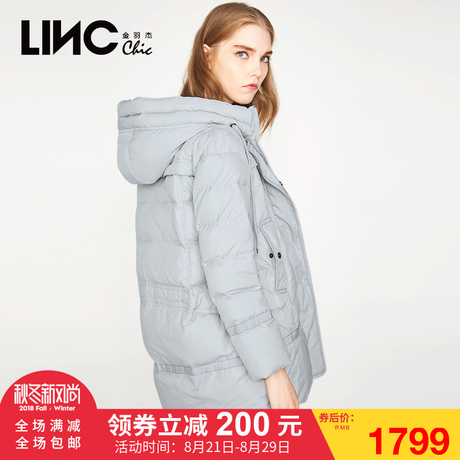 LINC金羽杰冬装新款街头个性织带拼接羽绒服女中长款连帽韩版外套商品大图