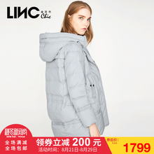 LINC金羽杰冬装新款街头个性织带拼接羽绒服女中长款连帽韩版外套图片