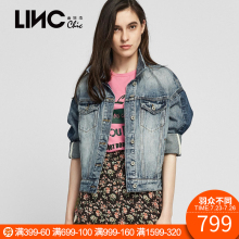 LINC金羽杰2018秋新款复古街头风双色拼接牛仔外套女短款8322281图片