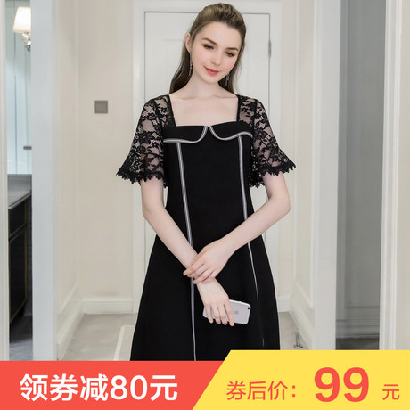奢姿大码女装200斤胖mm小黑裙2018夏新款蕾丝拼接宽松显瘦连衣裙商品大图