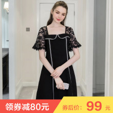 奢姿大码女装200斤胖mm小黑裙2018夏新款蕾丝拼接宽松显瘦连衣裙图片