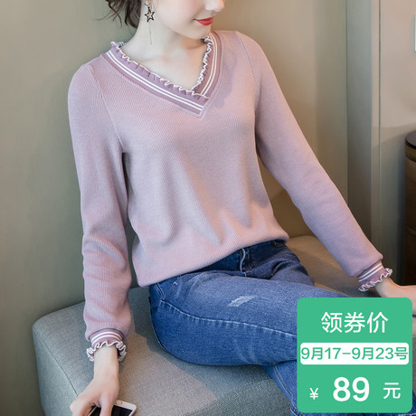 奢姿大码女装甜美减龄胖MM上衣2018秋季新款气质木耳V领针织衫潮商品大图