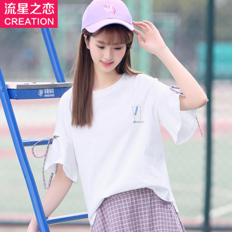流星之恋学生夏季韩版休闲宽松T恤2018夏季新款初中生夏装上衣潮商品大图