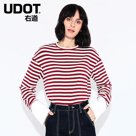 UDOT右道2018春新款粗横条纹t恤女长袖宽松简约圆领上衣UT5066商品大图