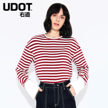 UDOT右道2018春新款粗横条纹t恤女长袖宽松简约圆领上衣UT5066图片