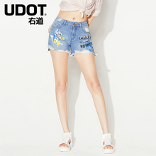 UDOT右道2018夏中腰直筒裤个性涂鸦磨烂显瘦牛仔短裤女UU6484图片