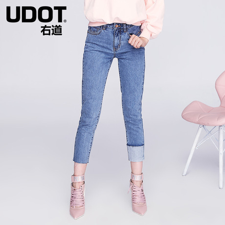 UDOT右道早秋中腰BF直筒牛仔裤女 中性时尚休闲裤女6422商品大图