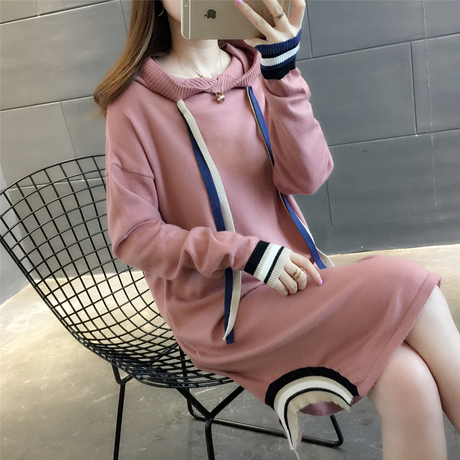 系带连帽衫2018秋装新款中长款纯色长袖夹条毛衣裙宽松韩版女装潮商品大图