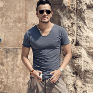 2019新款夏装型男麻棉纯色鸡心领T恤男装修身弹力V领短袖T恤T775