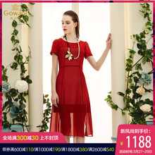 乔万尼旗舰店夏季真丝蕾丝拼接修身红色a字纱裙桑蚕丝中长连衣裙图片