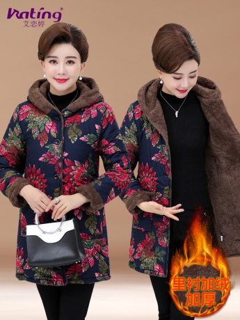 中老年女冬装棉衣加厚中长款加绒棉外套50岁妈妈大码中年羊羔绒60商品大图