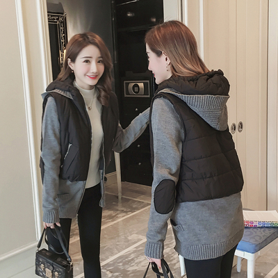 冬装新款针织拼接马夹女连帽棉衣棉服时尚马甲假两件休闲毛衣外套