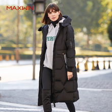 MAXWIN马威冬季女装长过膝连帽灰鸭绒羽绒服女长款修身加厚外套潮图片