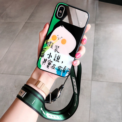 镜子面玻璃苹果x手机壳7plus保护套创意文字iPhone6splus手机壳带挂绳8plus硅胶防摔套个性8x潮牌女款六新款