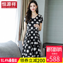 恒源祥中年妈妈女装新款桑蚕丝连衣裙波点修身显瘦中长款真丝裙子图片