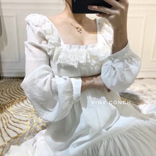 连衣裙 复古小众宫廷风重手工白色蕾丝花边仙女裙气质大裙摆灯笼袖