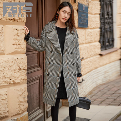 【杜鹃同款】对白流行复古格子呢大衣女2018新款格纹冬季毛呢外套商品大图