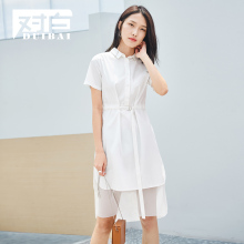 对白网纱拼接衬衫裙夏季2018新款裙子中长款白色收腰短袖连衣裙女图片