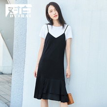 对白层次雪纺吊带连衣裙女2018夏新款小心机V领温柔灰粉色裙子图片