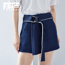 对白个性腰带活页拼接短裤女夏2018新款裤子休闲水洗毛边牛仔裙裤图片