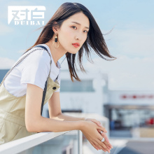 对白纯棉卡其色背带裙2018新款连衣裙女夏织带撞色拼接时尚裙子图片