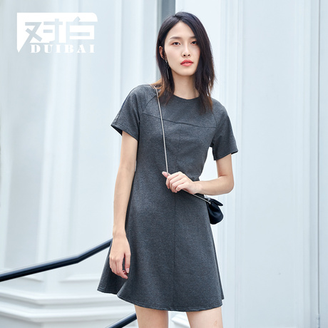 对白纯色简约圆领短袖连衣裙夏女2018新款裙子时尚休闲短裙T恤裙商品大图