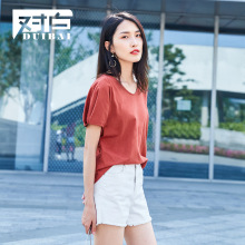 对白圆领短袖女2018新款夏装立体褶裥连袖砖红色T恤简约别致上衣图片