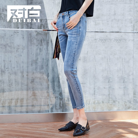 对白九分牛仔裤女2018新款夏装水洗磨白做旧修身简约微弹铅笔裤子商品大图