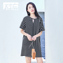 对白条纹短袖连衣裙女2018新款镂空经典通勤简约休闲弹力宽松裙子图片