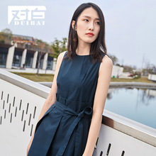 对白纯棉系带纸袋式连衣裙夏装2018新款女简约无袖圆领A字中裙子图片