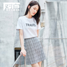 对白千鸟格刺绣T恤女短袖2018夏装新款简约休闲棉质弹力基础上衣图片