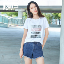 对白短袖女2018新款字母印花T恤夏装时尚撞色简约休闲棉质上衣服图片