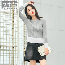 对白撞色修身圆领毛衣女套头 2018秋冬新款 基础长袖打底针织衫图片