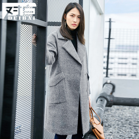 对白花灰色中长款毛呢外套女 2018秋冬新款 简约直筒长袖呢子大衣商品大图