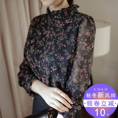 早秋女装2018新款上衣洋气小衫韩版长袖雪纺衬衫chic遮肚子碎花衫商品大图