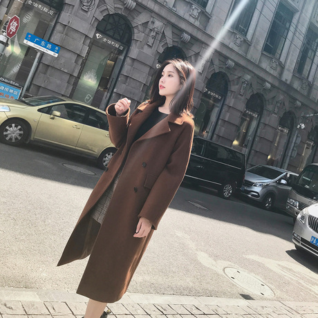 唐狮2018冬装新款毛呢外套 女翻领双排扣长款呢大衣商品大图