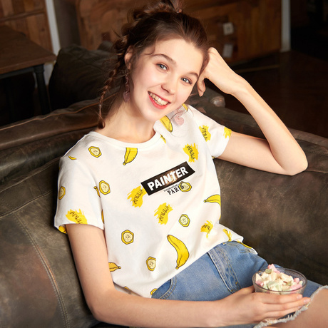 唐狮2018夏装新款T恤 女款学生可爱满身印花圆领宽松休闲短袖T恤商品大图