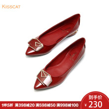 KISSCAT接吻猫新款商场同款春秋漆皮金属饰扣尖头平跟浅口单鞋女